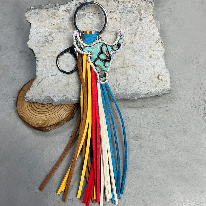 Wholesale 2pcs/pack Leather Bull Head Colorful Tassel Ethnic Style Keychain